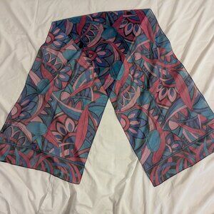 vintage 90s floral geometric neck scarf teal pink blue 61" x 15" semi sheer